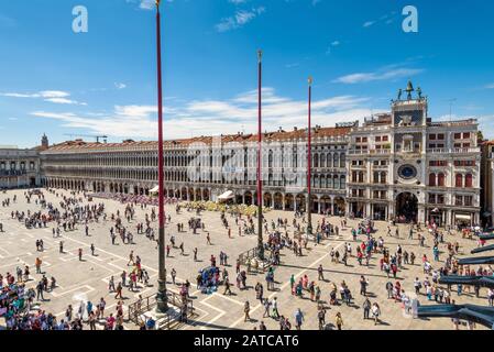 Venice, Italy - May 21, 2017: Piazza San Marco, or St Mark`s Square. View from Basilica di San Marco. This is the main square of Venice. Stock Photo